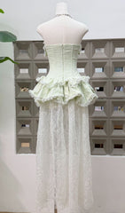 Jenis Sage Green Strapless Corset Peplum Lace Maxi Dress