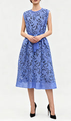Illyria Blue Floral Lace Midi Dress with Belt