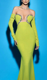 Dazzling Lime Green Off-Shoulder Embellished Evening Gown
