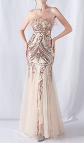 Glamorous Champagne Sequin & Feather Strapless Mermaid Gown