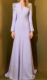 Darcie Lavender Embellished V-Neck Long Sleeve Maxi Gown