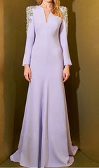 Darcie Lavender Embellished V-Neck Long Sleeve Maxi Gown