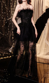Chiyemi Luxe Black Feather & Sequin Strapless Mesh Maxi Dress