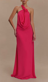 Rose Red 3D Floral Halter Maxi Dress