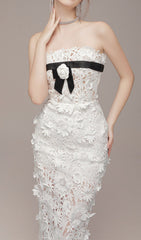 Eviana White Strapless 3D Floral Applique Maxi Dress with Black Bow