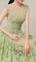 Hisaye Enchanting Lace & Mesh Pleated Midi Dress