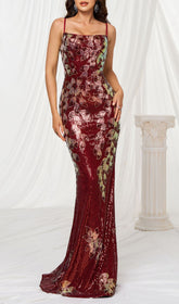 Fiora Wine Red Floral Sequin Strappy Maxi Gown
