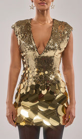 Jamaria Dazzling Gold Sequin Plunge Mini Dress