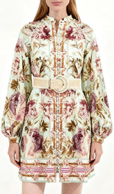 Hilkiah Boho Chic Floral Print Long Sleeve Mini Dress with Woven Belt