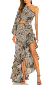 Javen Bohemian Paisley One-Shoulder Ruffle Maxi Dress