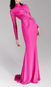 Christa Hot Pink Draped Maxi Gown with Sheer Lace Sleeves