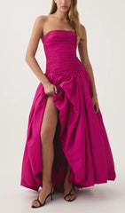 Radiant Hot Pink Strapless Ruched Puff Maxi Gown