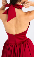 Chrissy Red Plunging Halter Backless Midi Dress