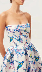Elegant Hummingbird Floral Strapless A-Line Midi Dress