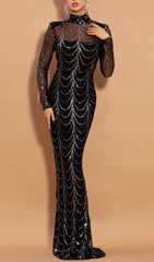 Glamorous Black Sequin Illusion Sleeve High-Neck Maxi Dress