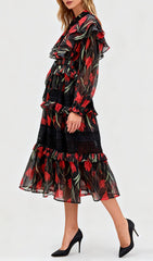 Imagine Romantic Red Floral Ruffle Long Sleeve Midi Dress