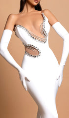 Ena Dazzling White Diamond Embellished One-Shoulder Bandage Maxi Gown