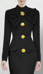 Akiyoshi Elegant Black Bow-Neck Midi Dress with Golden Floral Buttons