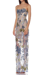 Danyl Blue Floral Sequin Strapless Maxi Gown