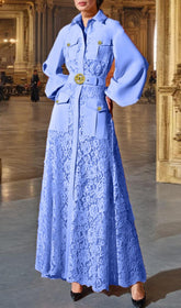 Carissa Elegant Periwinkle Lace & Belted Long Sleeve Maxi Dress