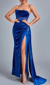 Stunning Royal Blue Velvet Corset Maxi Dress with High Slit