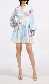 Chic Blue Floral Puff Sleeve Mini Dress with Lace Trim