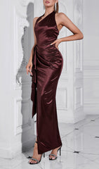 Burris Halter Ruched Satin Maxi Dress with High Slit