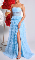 Kaida Sky Blue Strapless Corset Tiered Ruffle Maxi Dress with High Slit