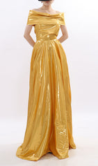 Kaliska Luminous Gold Off-Shoulder Maxi Gown