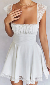 Romantic White Linen & Lace Mini Dress