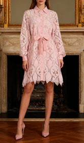 Isandro Blush Pink Embroidered Lace Long Sleeve Mini Shirt Dress with Tie-Waist