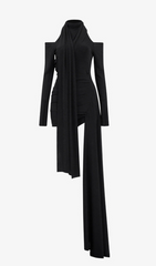 Gedalia Black Asymmetrical Cold Shoulder Mini Dress with Dramatic Drape