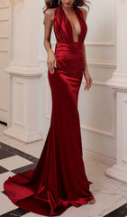 Celeste Halter Plunge Backless Satin Maxi Dress