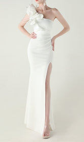 Ijlal Glamorous White One-Shoulder Ruffle Slit Maxi Dress