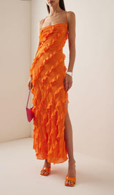 Vibrant Orange Ruffled Maxi Dress with Adjustable Straps & Side Slit