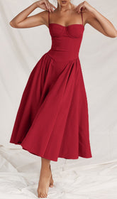Dextra Radiant Red Strappy Bustier A-Line Midi Dress