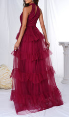 Glamorous Wine Red Halter Tiered Tulle Maxi Dress