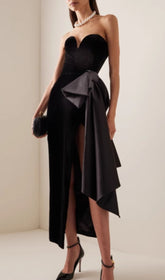 Desdra Black Velvet Strapless Maxi Dress with Statement Bow