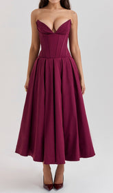 Devani Wine Strapless Corset Midi Dress