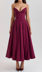 Devani Wine Strapless Corset Midi Dress