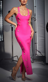 Hot Pink Button-Embellished Bandage Maxi Dress