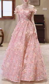 Harmony Pink 3D Floral Sequin Off-Shoulder Maxi Gown
