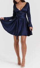 Alluring Navy Satin Deep V-Neck Mini Dress