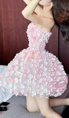 Sparkling Pink 3D Floral Strapless Mini Dress