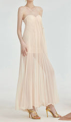Fintan Apricot Strapless Pleated Mesh Maxi Dress