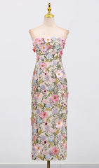 Eiichi Strapless 3D Floral Applique Midi Dress