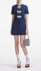 Chic Pearl Bow Denim Mini Dress