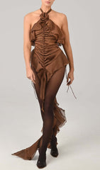 Estelle Brown Halter Ruched Ruffle Mini Dress