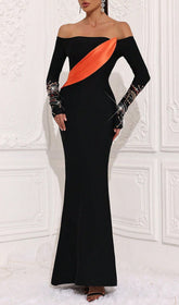 Haneefa Glamorous Black Off-Shoulder Maxi Dress with Sparkling Diamante Sleeves & Vibrant Orange Drape