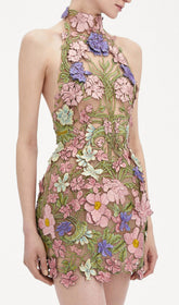 Stunning 3D Floral Embroidery Halter Mini Dress
